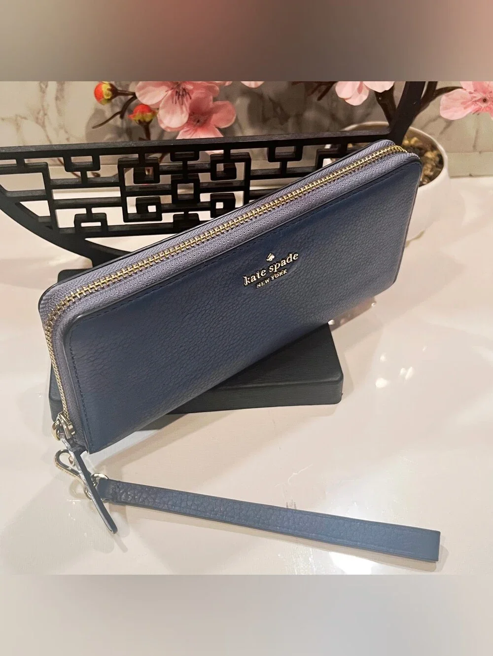 kate spade Blue Pebbled Leather Wristlet with Gold Logo